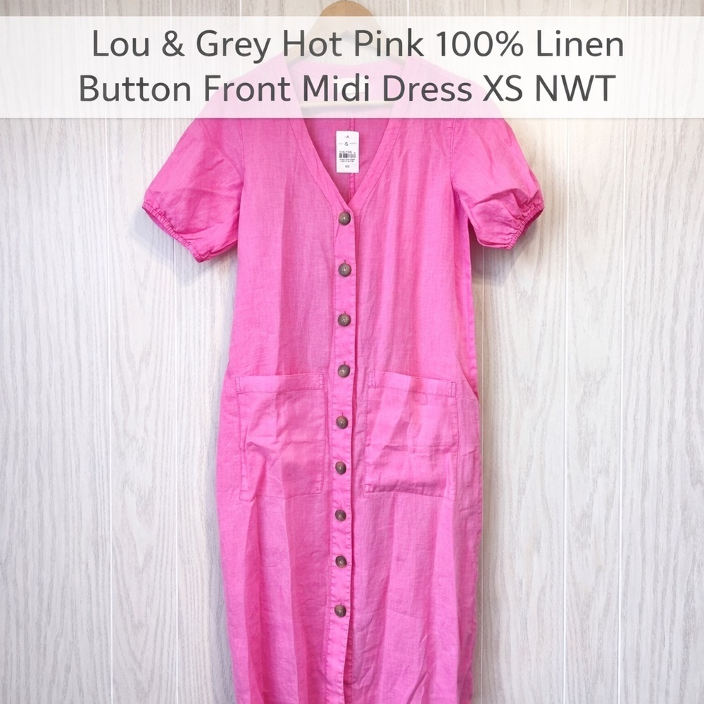 Lou & Grey Hot Pink 100% Linen Button Front Midi Dress XS NWT